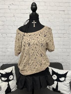 2000s Forever 21 Beige Slouchy Short Sleeve Knit Top 100% Cotton Sz M Boho Indie